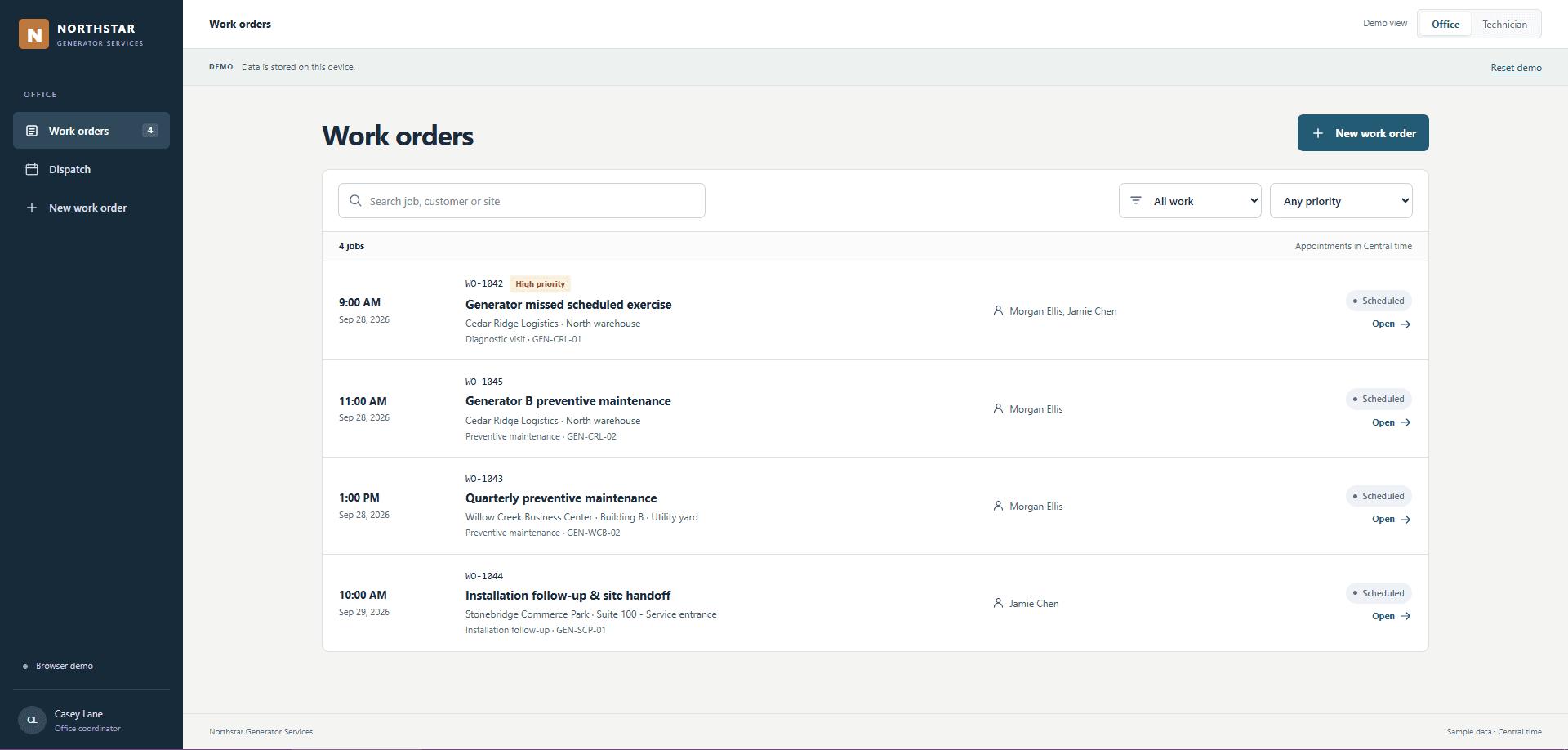 Office work-order list in the field-service product demo